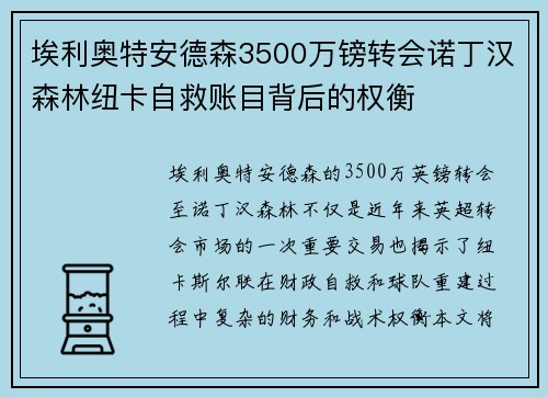 埃利奥特安德森3500万镑转会诺丁汉森林纽卡自救账目背后的权衡