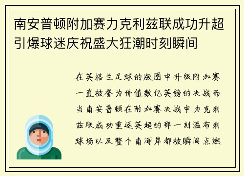 南安普顿附加赛力克利兹联成功升超引爆球迷庆祝盛大狂潮时刻瞬间